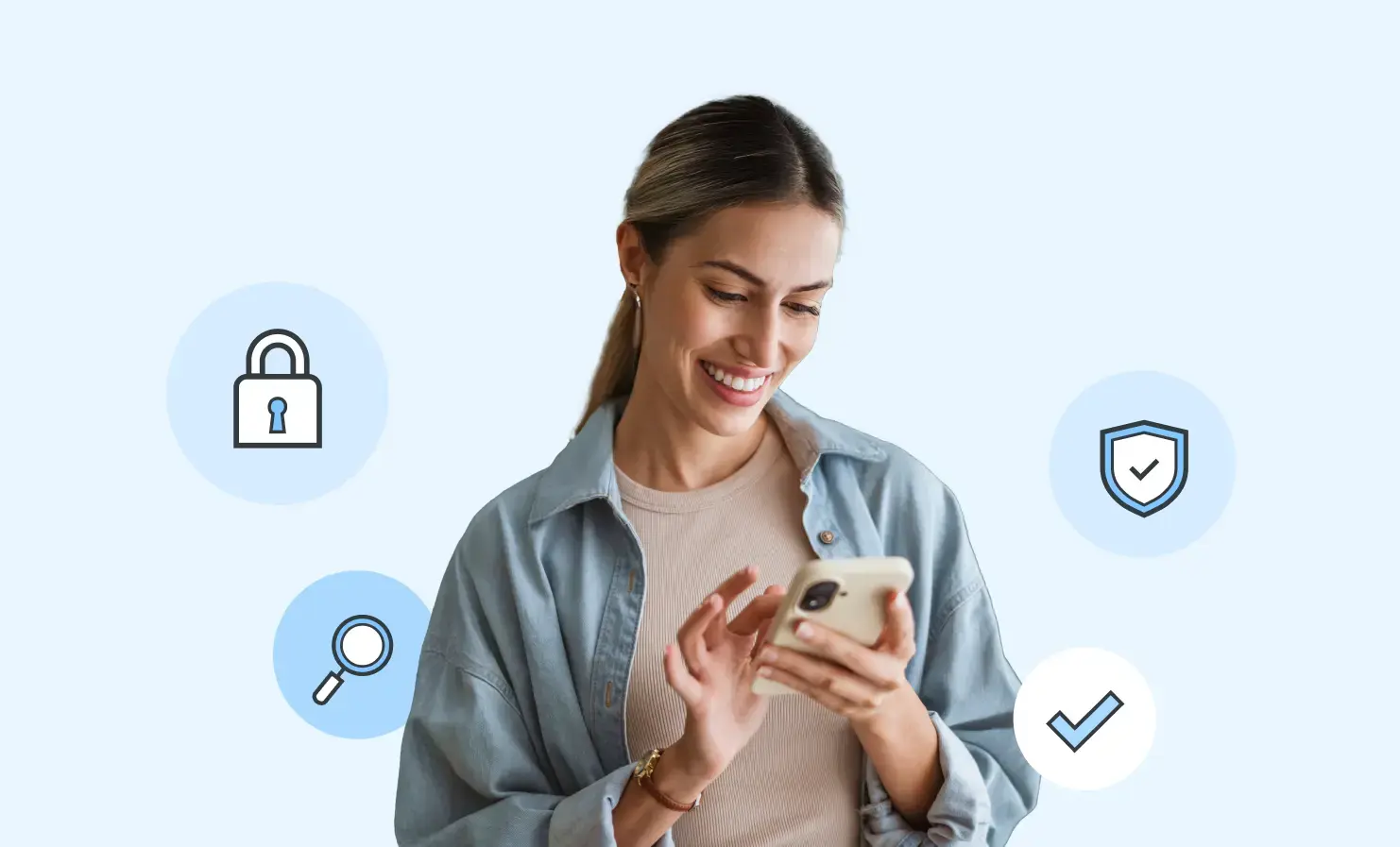 An image of a woman using her mobile phone. Surrounding her are icons such as a padlock, magnifying glass, shield and a checkmark, illustrating the various features of DIATF-certified digital IDs.